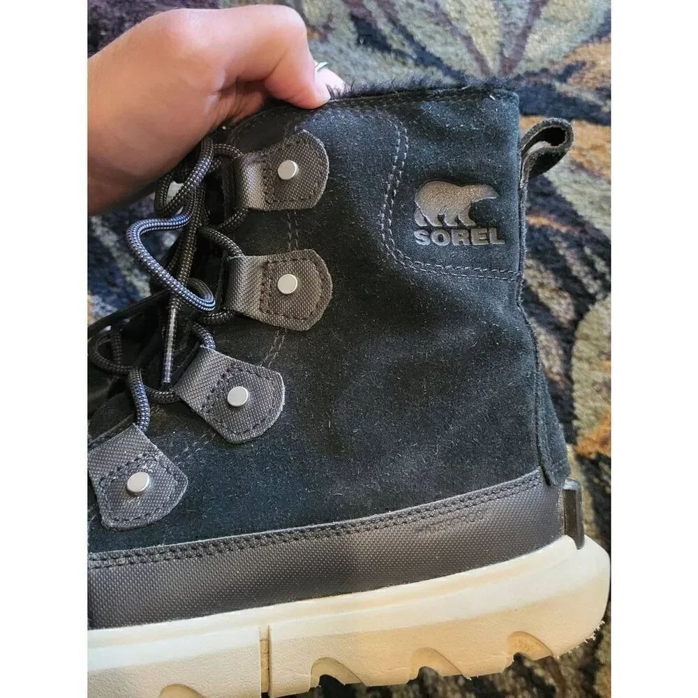 Sorel Explorer II Joan Boots Women's 6 Black Suede Leather Faux Fur Lace Up
